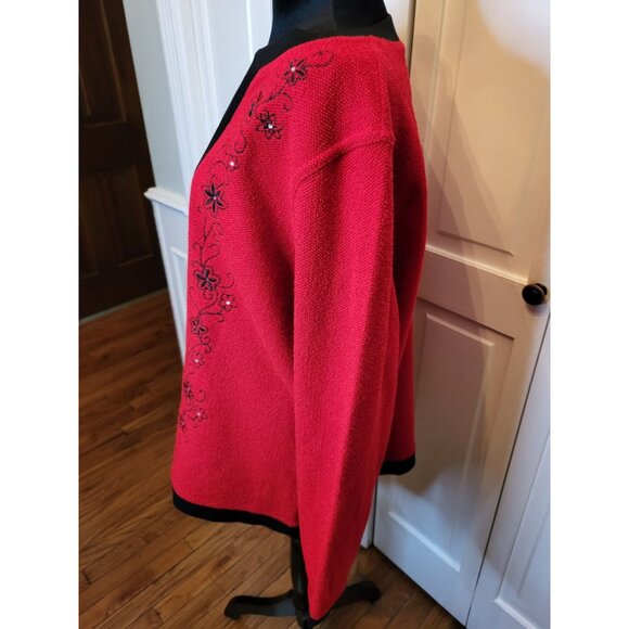 Vintage 90s Red/Black Layered Look Sweater Embroidered Beaded XL Christmas Party - Picture 6 of 7